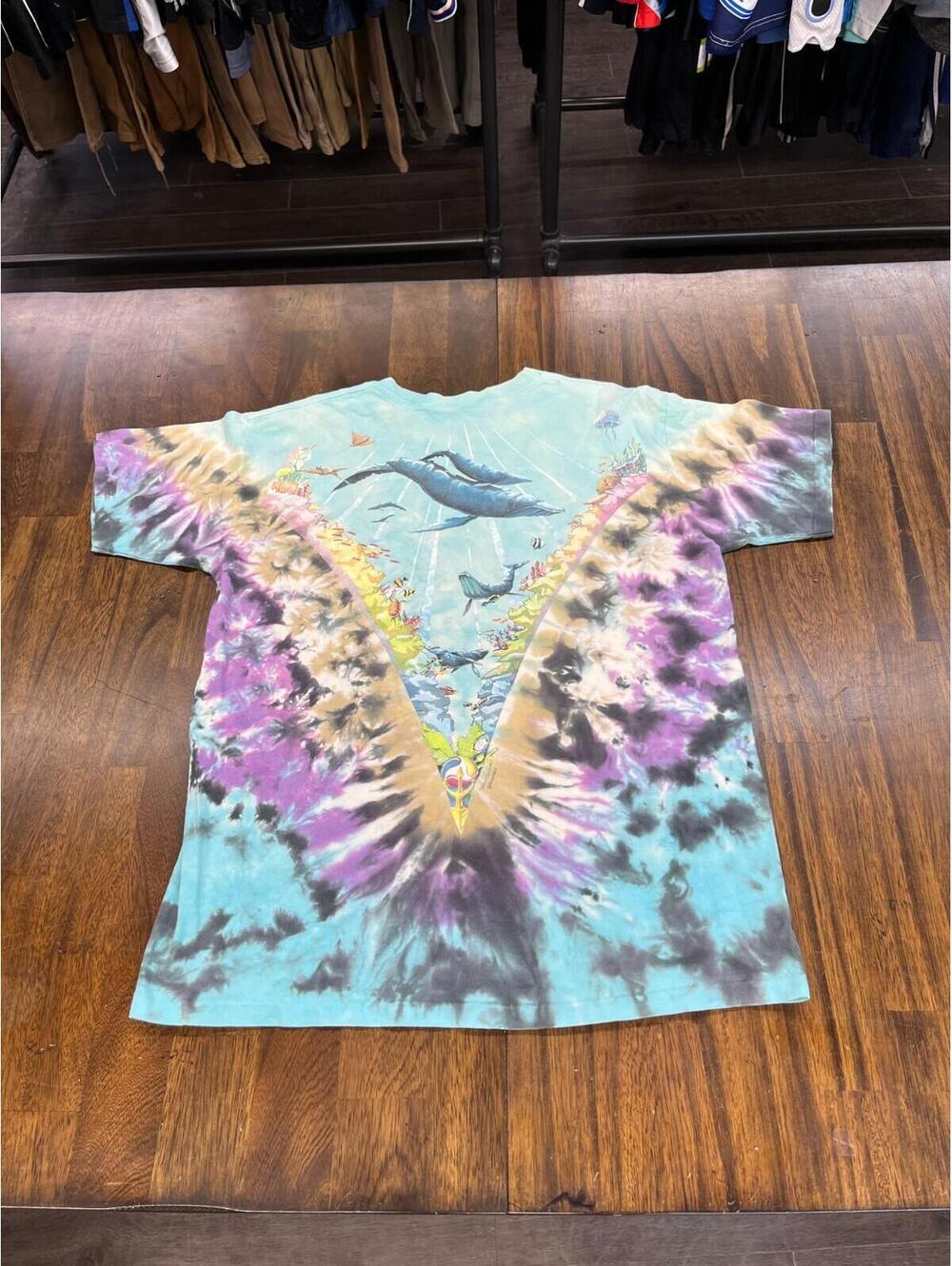 Vtg 90s Liquid Blue Ocean Dolphin T Shirt XL AOP John Connell Tie Dye Single